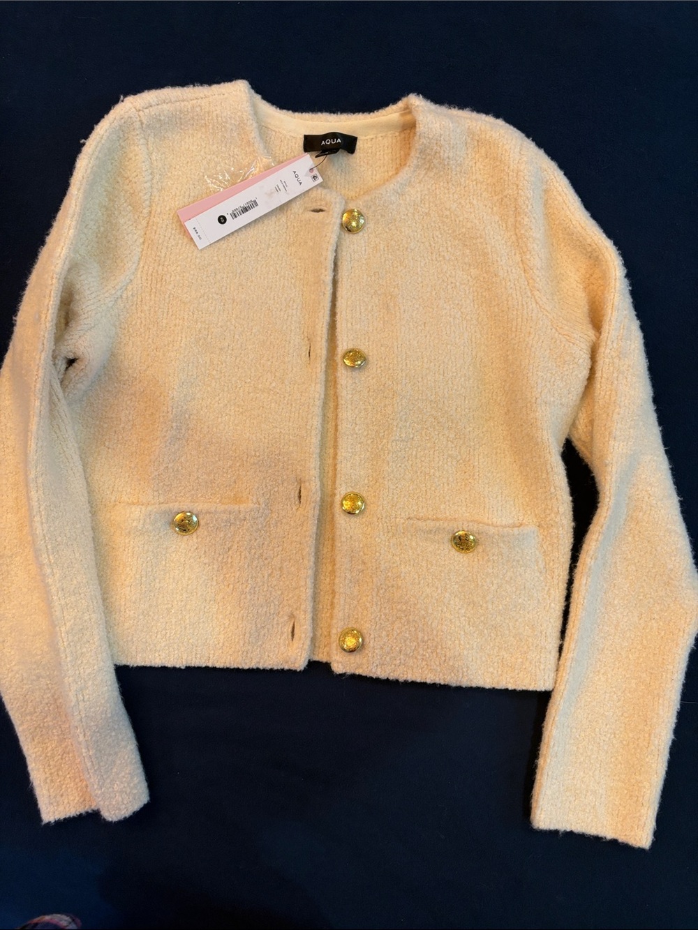 Aqua Cream Bouclé Gold-Button Cropped Jacket